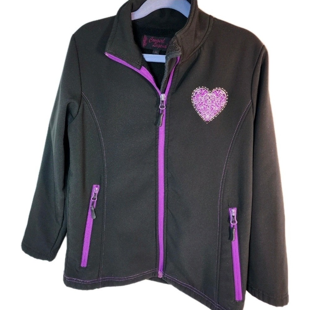 Cowgirl Legend Girls Black‎ Purple Heart Rhinestone Zip Up Jacket Size M